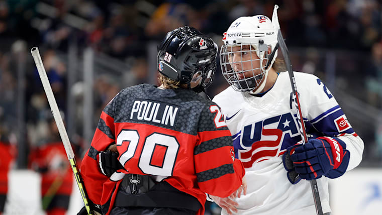 SEATTLE, WASHINGTON - NOVEMBER 20: Marie-Philip Poulin #29 of Team Canada and Hilary Knight #21 of Team United States