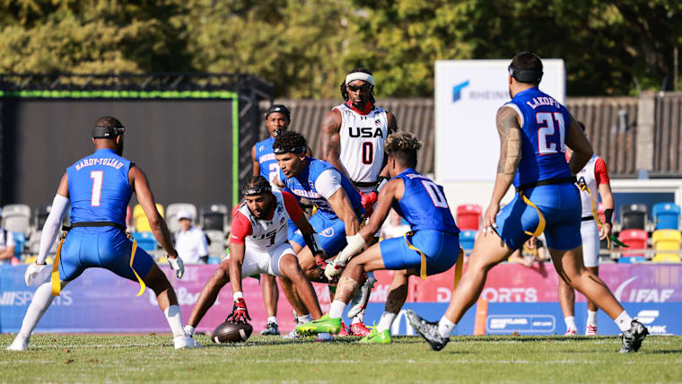 American Samoa's team in action against USA during the group stage at the 2026 IFAF Flag Football World Championships.