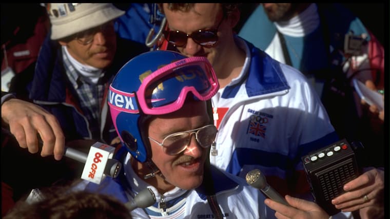 'Eddie the Eagle' surrounded by reporters at the 1988 Calgary Olympics