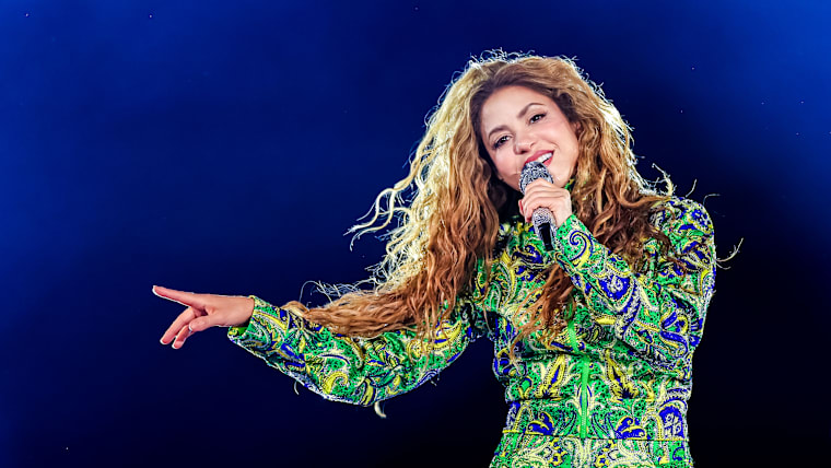 Shakira on stage during a massive free show at Copacabana beach on May 02, 2026 in Rio de Janeiro, Brazil.