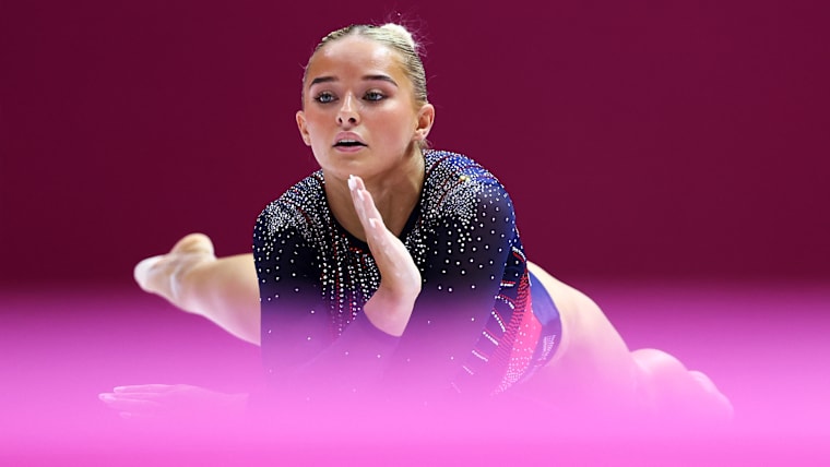 Ruby Evans of Team GB, who will compete for Wales at the Glasgow 2026 Commonwealth Games, competes in the women's floor exercise apparatus final at the 2026 Artistic Gymnastics World Championships