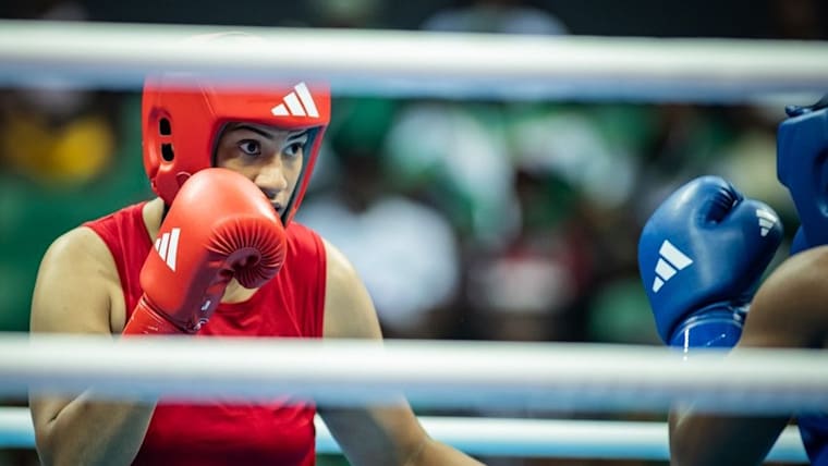 Morocco's Khadija Mardi in action at the Africa Boxing Qualifier in Dakar.