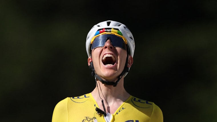 Tadej Pogacar (SLO) wearing the yellow jersey celebrates winning stage 10 of the 2026 Tour de France