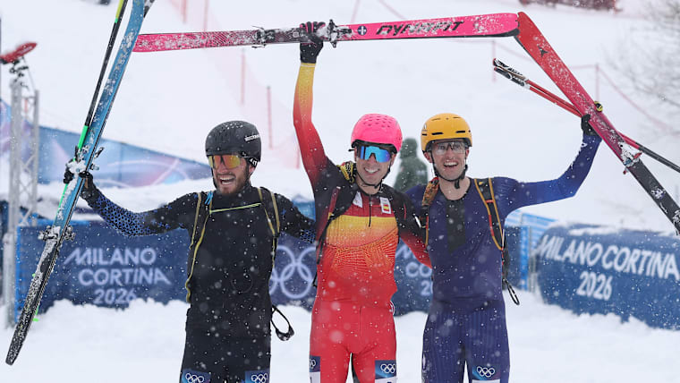 Gold medallist Oriol Cardona Coll of Team Spain, Silver medallist Nikita Filippov of Team AIN, and Bronze medallist Thibault Anselmet of Team France