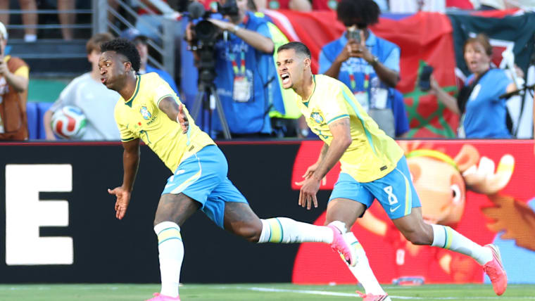 Vinicius Junior #7 of Brazil celebrates scoring his team's first goal during the FIFA World Cup 2026 Group C match between Brazil and Morocco at New York New Jersey Stadium on June 13, 2026 in East Rutherford, New Jersey. 