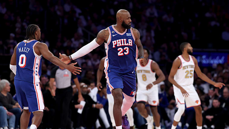 LeBron James shakes hands with Tyrese Maxey in the 76ers opening night win against the New York Knicks