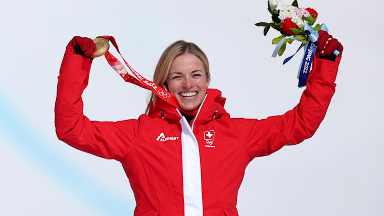 Gold medallist Lara Gut-Behrami of Team Switzerland poses during the Women's Super-G medal ceremony on day seven of the Beijing 2022 Winter Olympic Games