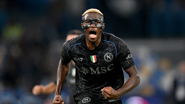 Osimhen runs away with delight, fists clenched, after scoring for Napoli