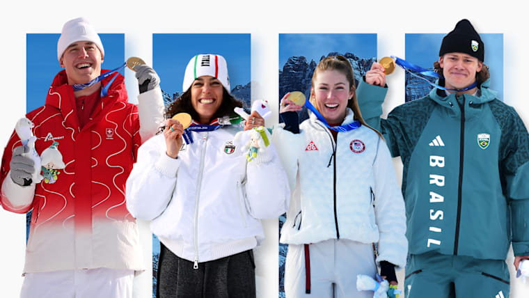 (Left to right) Franjo von Allmen (SUI, Alpine skiing); Federica Brignone (ITA, Alpine skiing); Mikaela Shiffrin (USA, Alpine skiing); Lucas Pinheiro Braathen (BRA, Alpine skiing)