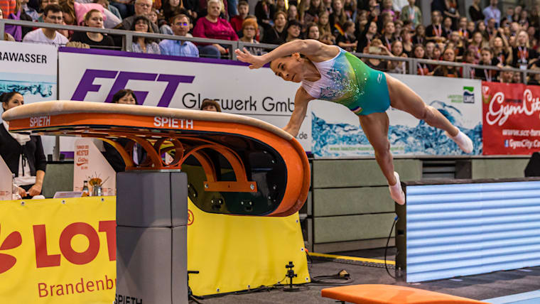 Gymnastics: World Cup, women's vault final: Oksana Chusovitina from Uzbekistan in action.
