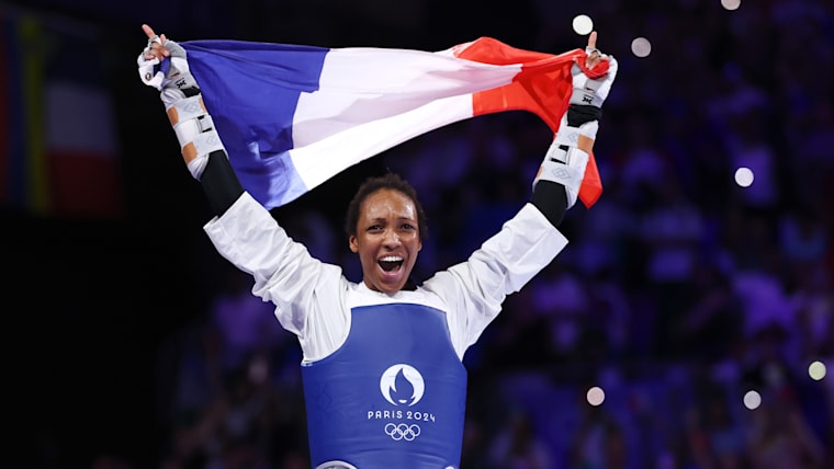 Althea Laurin of France celebrates gold medal in women's +67kg taekwondo at Olympic Games Paris 2024