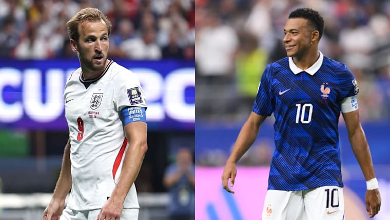 Harry Kane (England, left) and Kylian Mbappe (France, right)