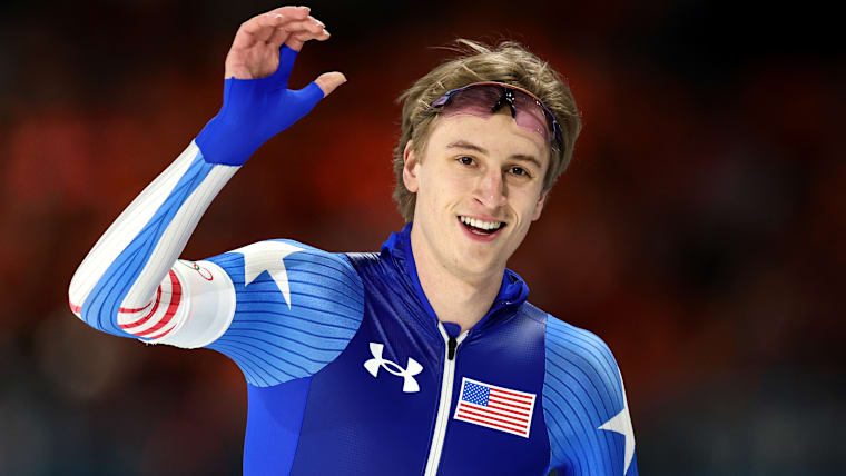 Jordan Stolz reacts after breaking the Olympic record for the Speed Skating Men's 500m on day eight of the Milano Cortina 2026 Winter Olympic games at Milano Speed Skating Stadium on February 14, 2026 in Milan, Italy.