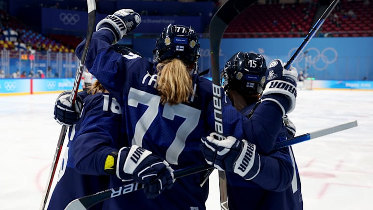Susanna Tapani #77 of Team Finland celebrates a goal with their teammates in the third period against Team Switzerland during the Women's Ice Hockey Bronze medal match