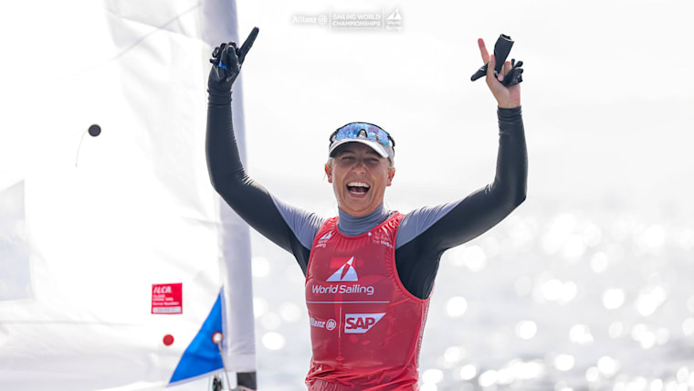 Maria Erdi celebrates winning dinghy gold at the 2023 World Sailing Championships in The Hague