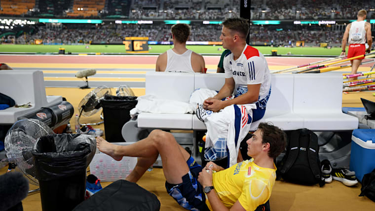 Armand Duplantis and Thibaut Collet during the Men's Pole Vault Final at the World Athletics Championships Budapest 2023