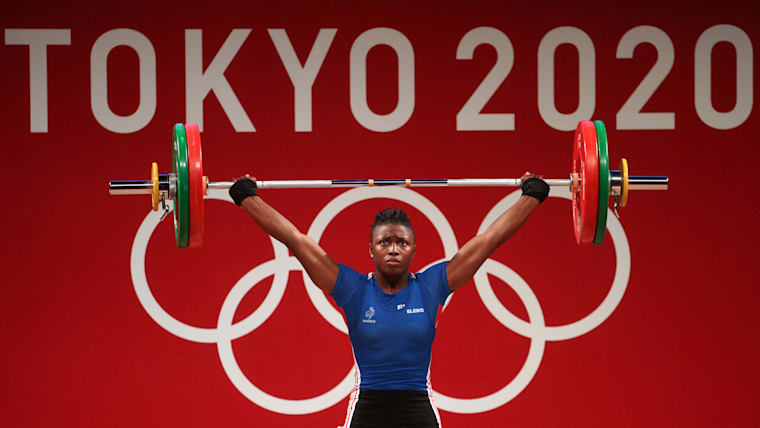 Dora Meiriama Tchakounte of Team France during the Weightlifting - Women's 59kg Group A at the Tokyo 2020 Olympic Games in 2021