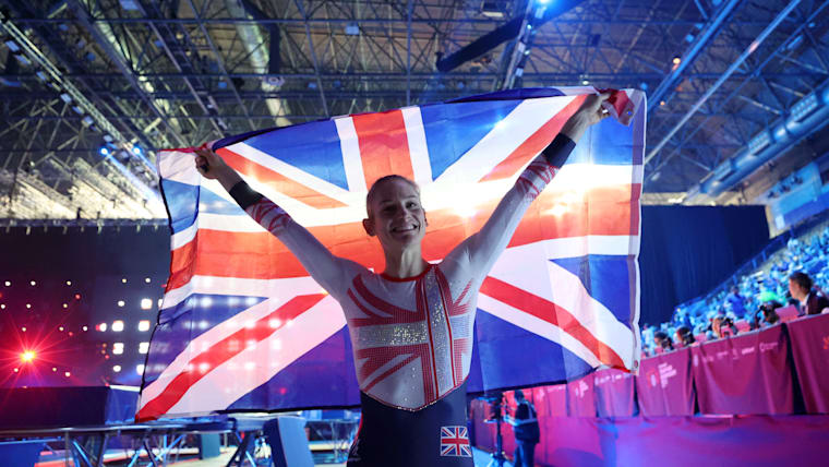 Bryony Page of Great Britain poses with the Union Jack after winning the Women’s Trampoline Final at the 37th FIG Trampoline Gymnastics World Championships at Utilita Arena on November 12, 2023 in Birmingham, England. (Photo by Morgan Harlow/Getty Images)