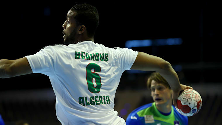 Messaoud Berkous of Algeria during the IHF Tokyo Handball Qualification match between Slovenia and Algeria at Max-Schmeling Hall on March 12, 2021 in Berlin, Germany. (Photo by Martin Rose/Getty Images)