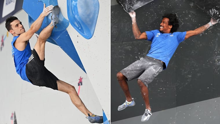French climbers Sam Avezou (on the left) and Mickael Mawem (on the right) at the European Championships Munich 2022 in Munich, Germany.