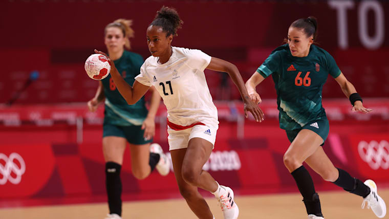 Estelle Nze Minko of Team France runs with the ball during the Women's Preliminary Round Group B match between Hungary and France on day two of the Tokyo 2020 Olympic Games at Yoyogi National Stadium on July 25, 2021 in Tokyo, Japan.