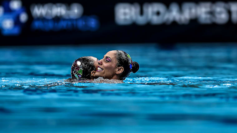 Nuria L. Garcia Diosdado and Joana B. Gracia Jimenez of Mexico compete in the Woman Duet Technical Final at the World Aquatics Artistic Swimming World Cup Super Final Budapest 2024