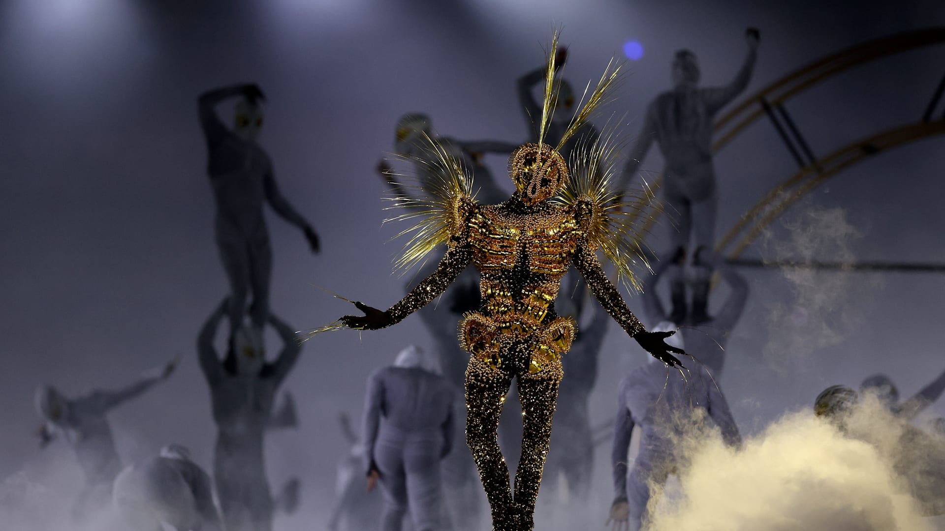 PARIS, FRANCE - AUGUST 11: The Golden Voyager performs during the Closing Ceremony of the Olympic Games Paris 2024 at Stade de France on August 11, 2024 in Paris, France. (Photo by Jamie Squire/Getty Images)