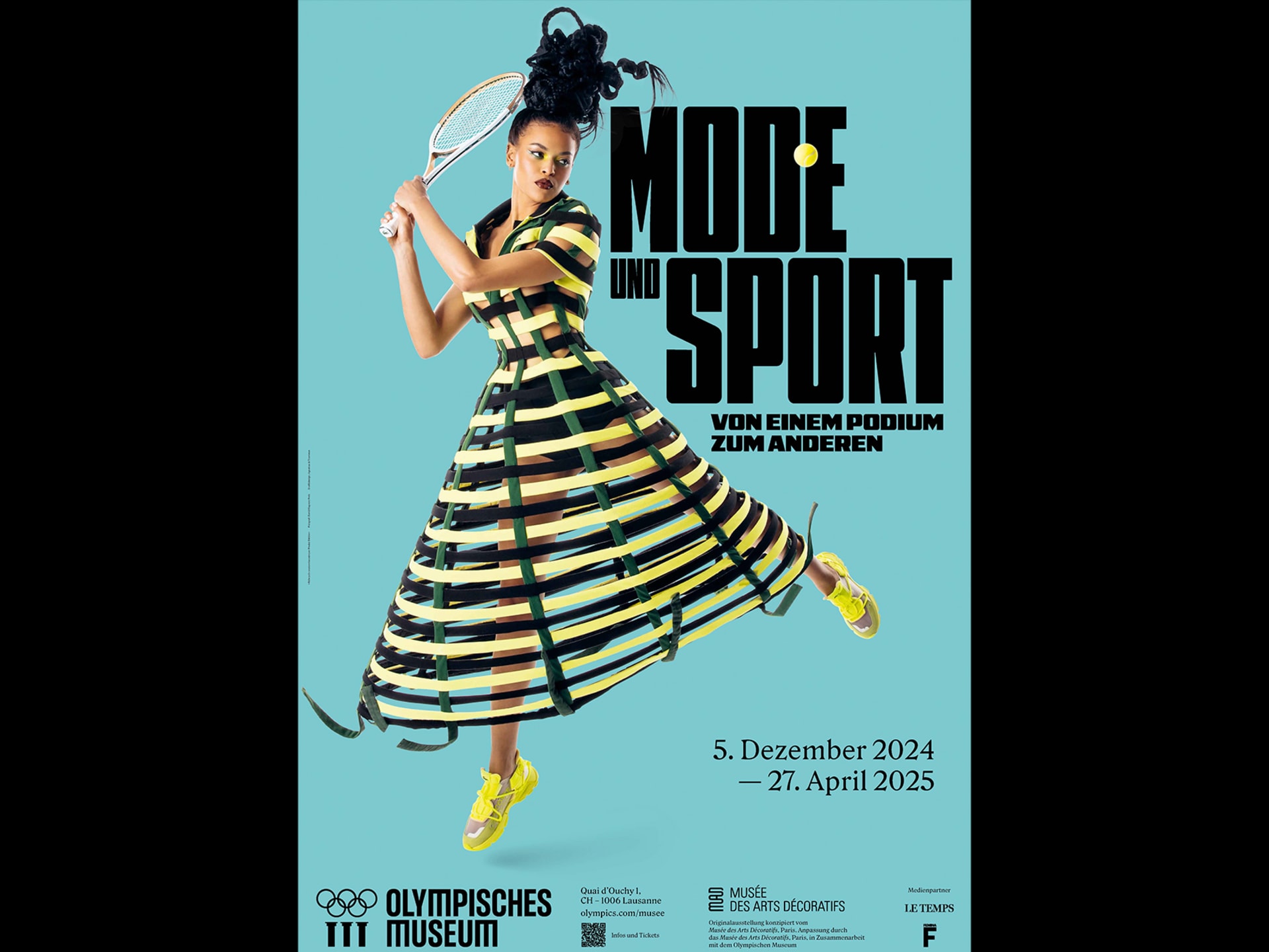 Plakat der Ausstellung Mode und Sport, von einem Podium zum anderen im Olympischen Museum