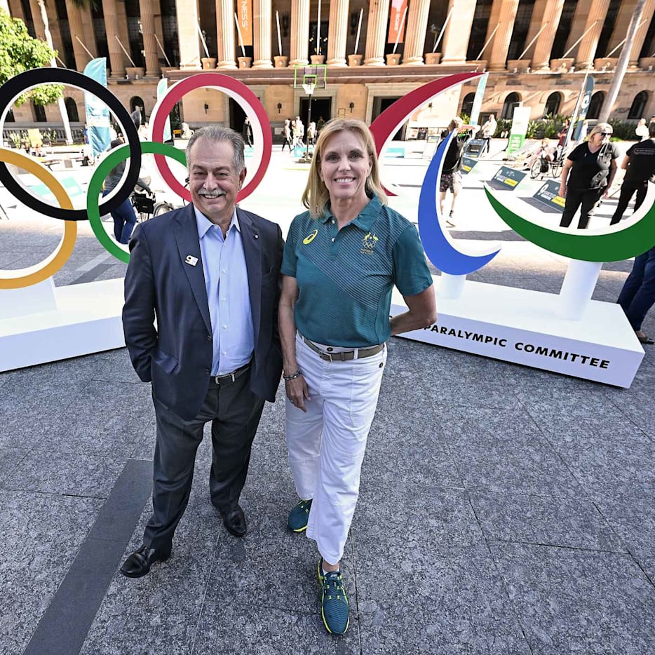 Celebrating 9 years to go to the Brisbane Olympic and Paralympic Games Opening Ceremony at Brisbane City Hall with Andrew Liveris (President) and Cindy Hook (CEO)