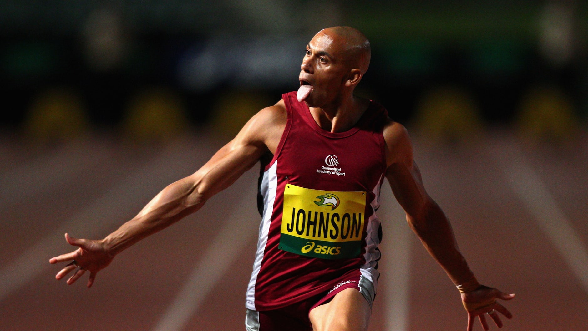 Patrick Johnson celebrates after winning the Men's 100m during the Sydney Athletics Grand Prix at Sydney Olympic Park Sports Centre