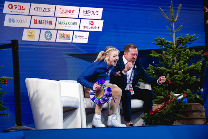 Amber Glenn and her coach react with delight upon winning the 2024 Grand Prix Final.