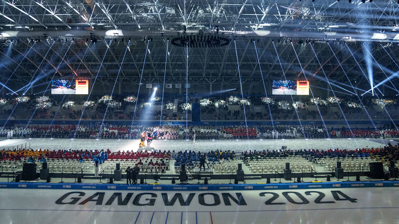 General view inside the Gangneung Oval during the parade of flags of the participating NOCs as part of the Opening Ceremony. The Winter Youth Olympic Games Gangwon 2024, Republic of Korea, Friday 19 January 2024. Photo: OIS/Thomas Lovelock. Handout image supplied by OIS/IOC