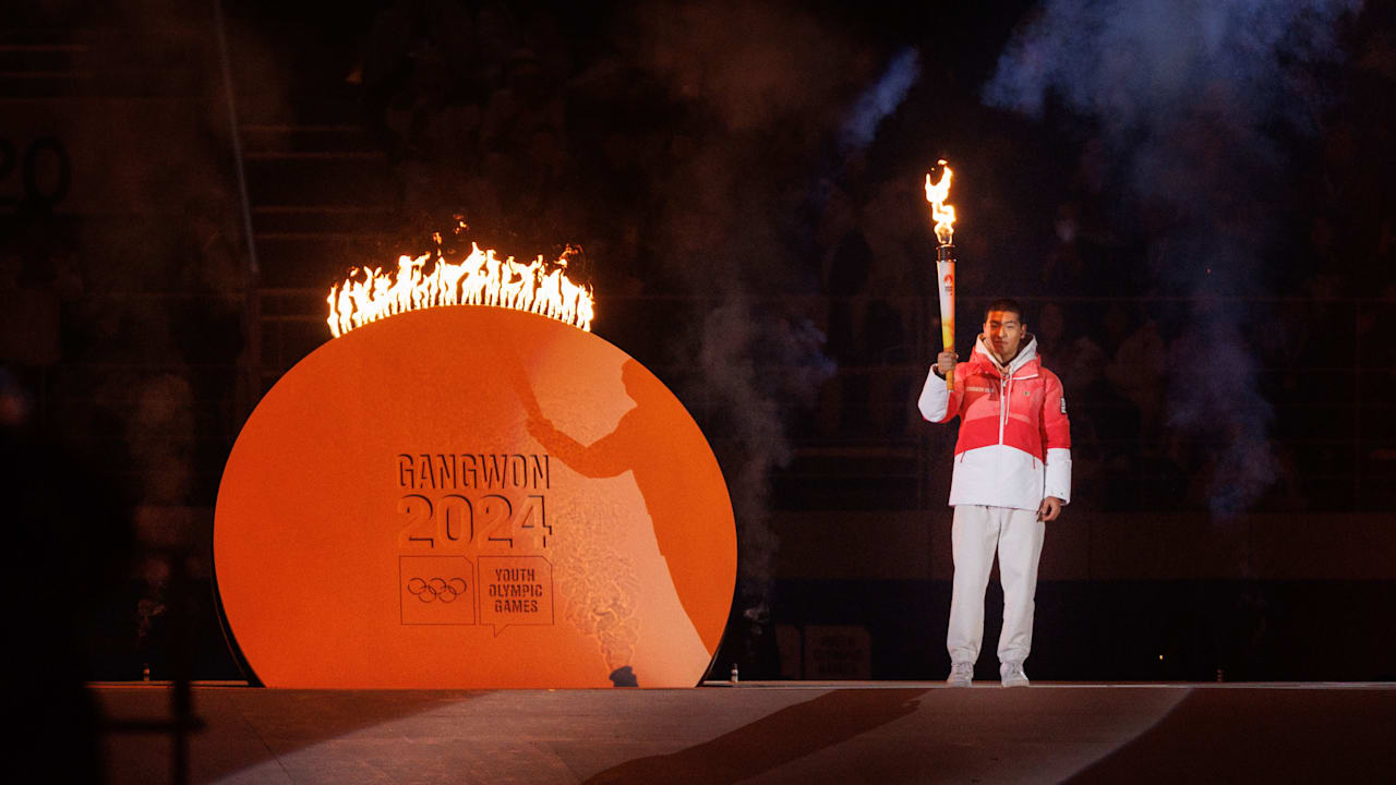 Torchbearer Jeong-min Lee lights the Youth Olympic cauldron during the Opening Ceremony inside the Gangneung Oval. The Winter Youth Olympic Games, Gangwon, Republic of Korea, Friday 19 January 2024. Photo: OIS/Chloe Knott. Handout image supplied by OIS/IOC