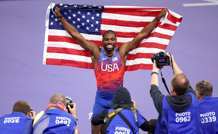 Noah Lyles celebrates at Paris 2024