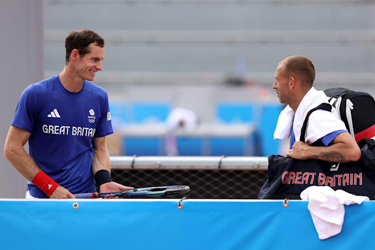 Andy Murray and Dan Evans of Great Britain at tennis practice at Roland Garros ahead of Paris 2024
