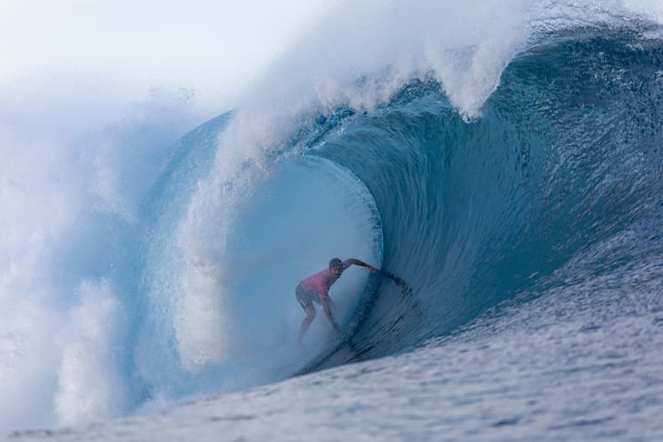 Alonso Correa (PER) rides the foam ball during the first heat of Round 3