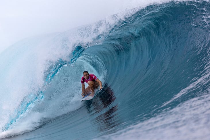 Defending Olympic Champion Carissa Moore (USA) on her heat winning wave in Round 1 