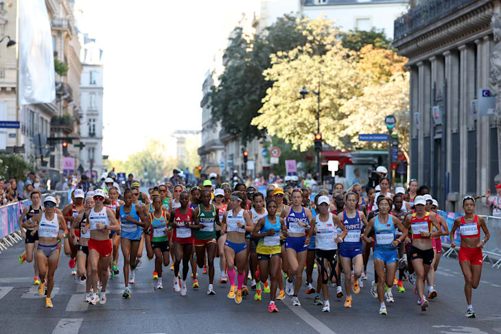 Athletes compete during the Women's Marathon on day sixteen of the Olympic Games Paris 2024