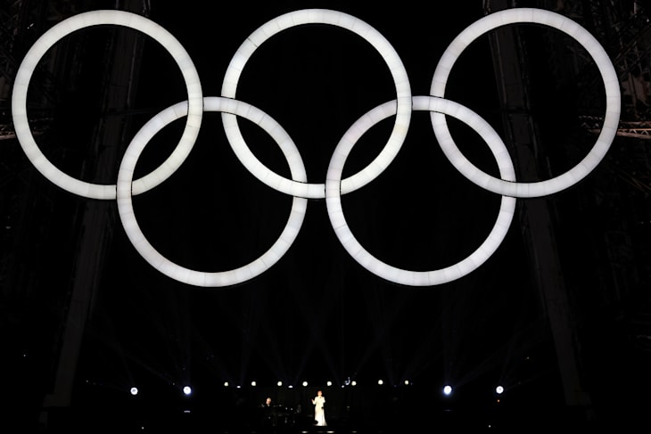 Celine Dion performs on the Eiffel Tower at the conclusion of the Opening Ceremony of the Olympic Games Paris 2024