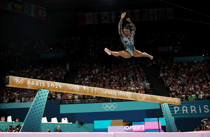 Simone Biles of Team United States competes on the balance beam during the Artistic Gymnastics Women's Qualification on day two of the Olympic Games Paris 2024