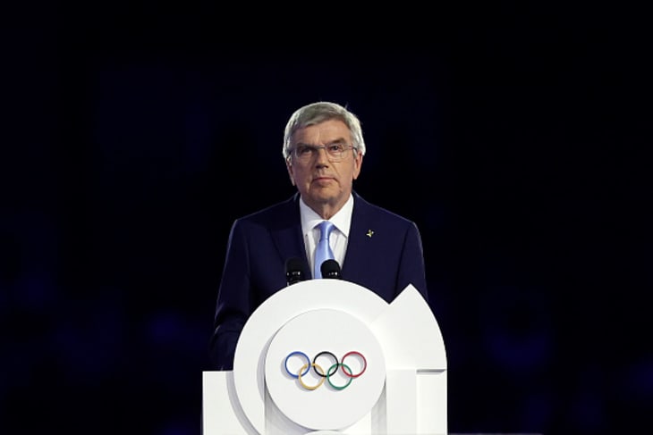 Thomas Bach, President of International Olympic Committee, makes a speech during the Closing Ceremony of the Olympic Games Paris 2024 at Stade de France on August 11, 2024 in Paris, France