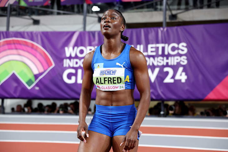 L'athlète de Sainte-Lucie Julien Alfred aux Mondiaux d'athlétisme en salle 2024, où elle a remporté la médaille d'or