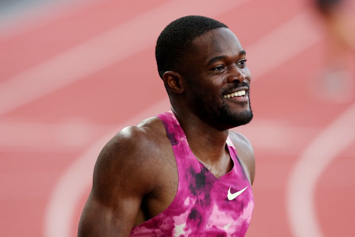 Rai Benjamin smiles after winning the men's 400m hurdles at the 2024 Diamond League in Monaco.