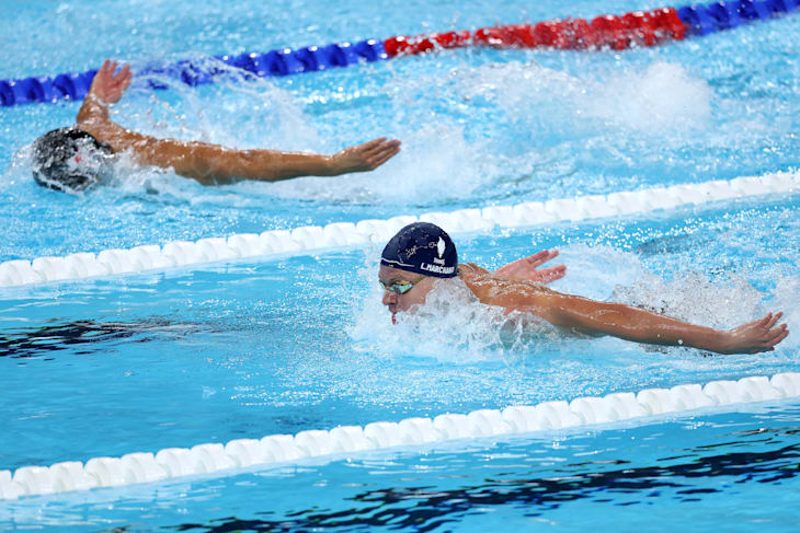 Léon Marchand competes in the men's 400m individual medley final at Paris 2024