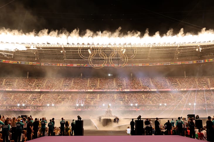 A general view of the inside of the stadium as a Pyrotechnics Display takes place