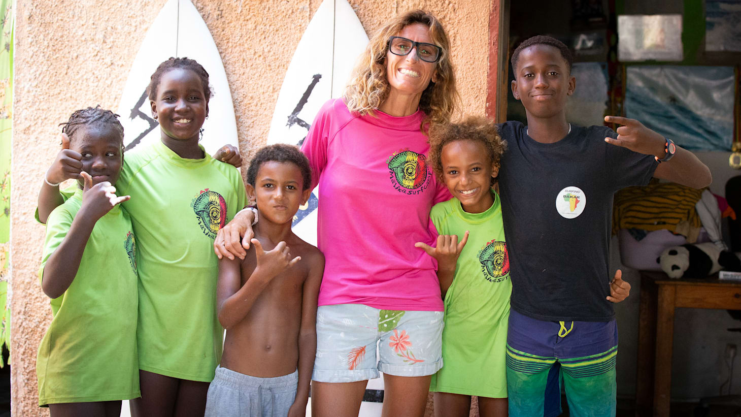 Marta Imarisio (third from the right) with some of the kids at Malika Surf Camp.