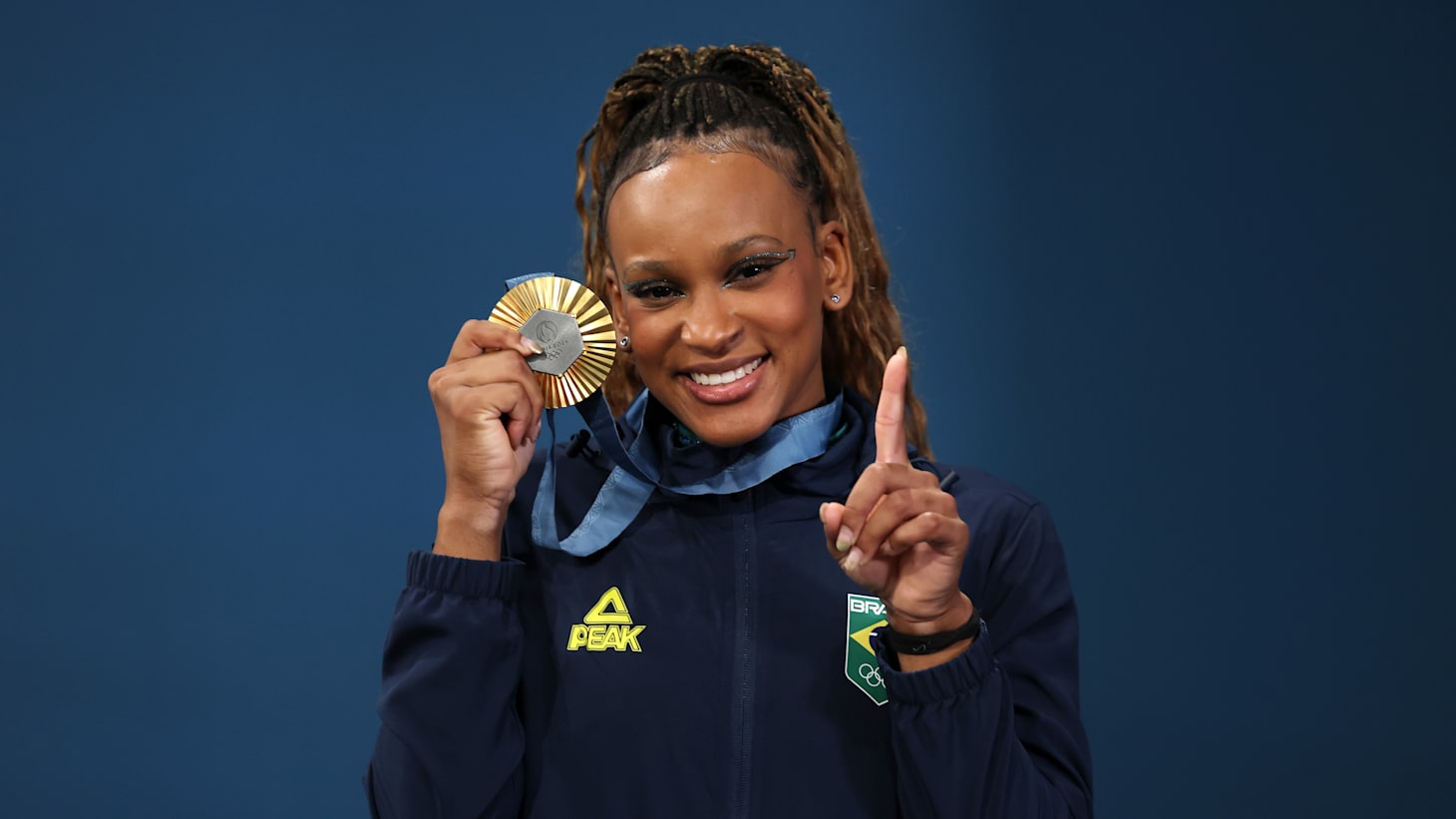 ?Gold medalist Rebeca Andrade of Team Brazil poses