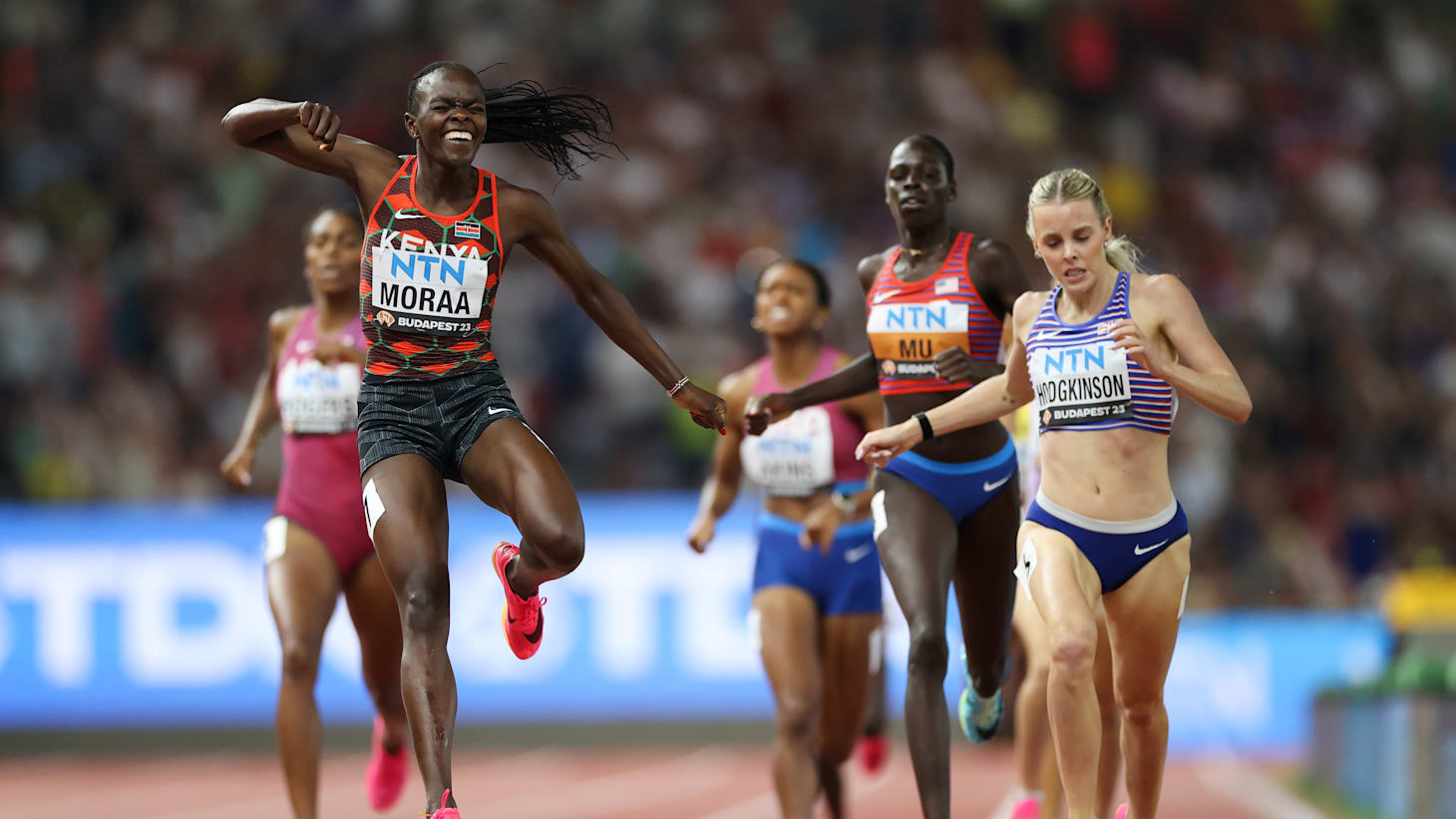 Mary Moraa punches the air with joy as she wins the women's 800m at Budapest 23