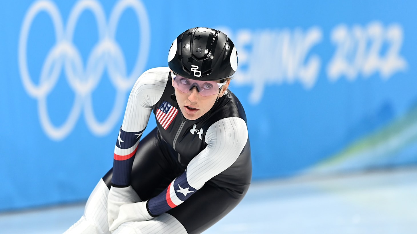 Kristen Santos of Team United States reacts after skating during the Women's 1500m Quarterfinals on day twelve of the Beijing 2022 Winter Olympic Games