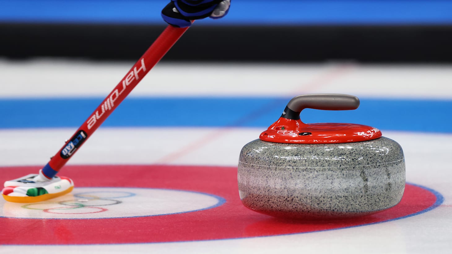 A detailed view of a Team Italy curling stone against Team Norway during the Curling Mixed Doubles Gold Medal Game on Day 4 of the Beijing 2022 Winter Olympics